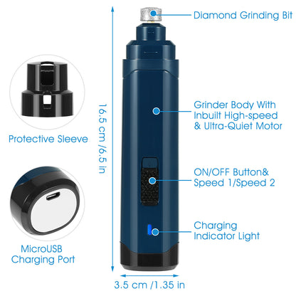 Nail Grinder 2 Speeds Quiet USB Rechargeable Pet Nail Grinder Professional Pet Nail Trimmer Cordless Paws Grooming & Smoothing Claw Care For Small Medium Large Dogs & Cats